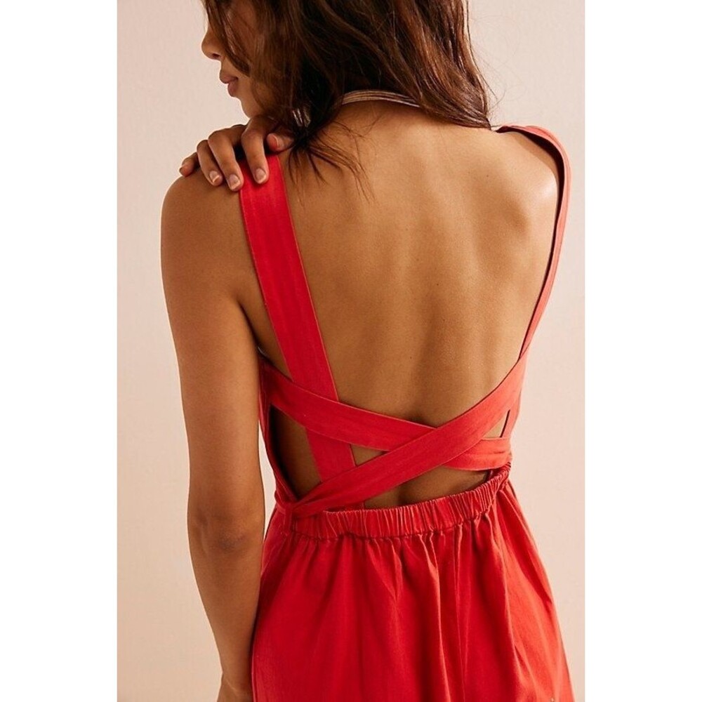Free People Free-Est Kirstie Jumpsuit Wide Leg Crisscross Cotton Red XS 279715 - Picture 2 of 8